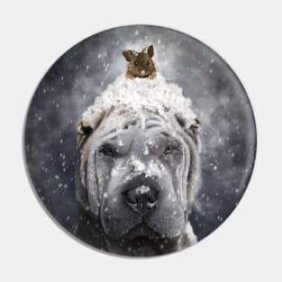 Shar Pei and Mouse in the snow Pin