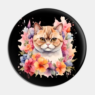 An exotic shorthair cat decorated with beautiful watercolor flowers Pin
