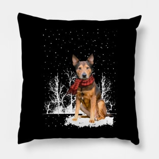 Christmas Shepherd Terrier With Scarf In Winter Forest Pillow