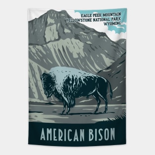 WPA Poster of an American Bison at Eagle Peek Mountain in Yellowstone National Park Tapestry