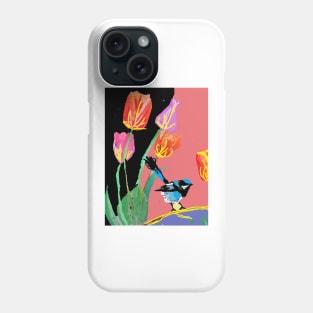 Abstract Blue Wren and Tulips Painting - on Multicoloured Black Pattern Phone Case