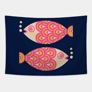 TWO FUN SWIMMING GEOMETRIC FISH in Bright Hot Pink, Chartreuse Green and Sand - UnBlink Studio by Jackie Tahara Tapestry