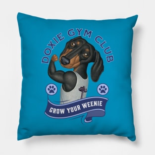 Cute Doxie Gym Club Member to Grow Your Weenie in Blue Pillow