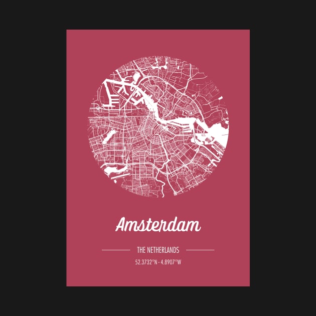 City map in red: Amsterdam, The Netherlands, with retro vintage flair by AtlasMirabilis