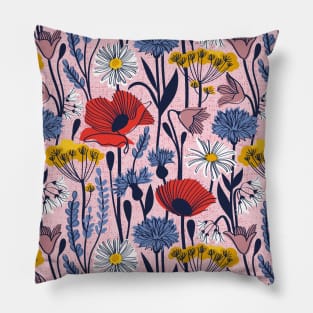 Wild field // pattern // pastel pink background neon red orange shade poppies white daisies denim blue cornflower pink bluebells yellow fennel flowers and other wild flowers meadow plants Pillow