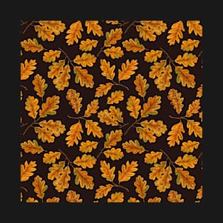 Autumnal oak leaves on dark brown T-Shirt