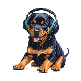 Rottweiler Puppy Dog Wearing Headphones T-Shirt