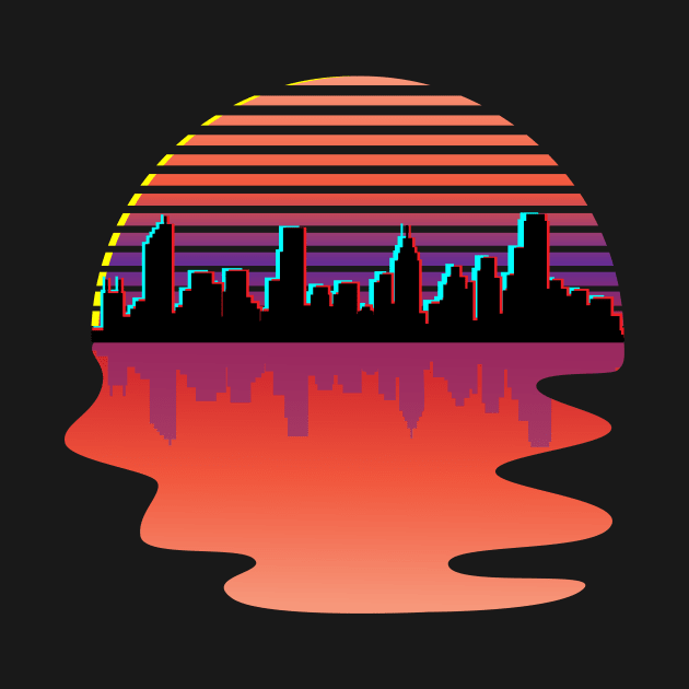 Retro Synthwave City Skyline Silhouette Glitch Art Design by Brobocop