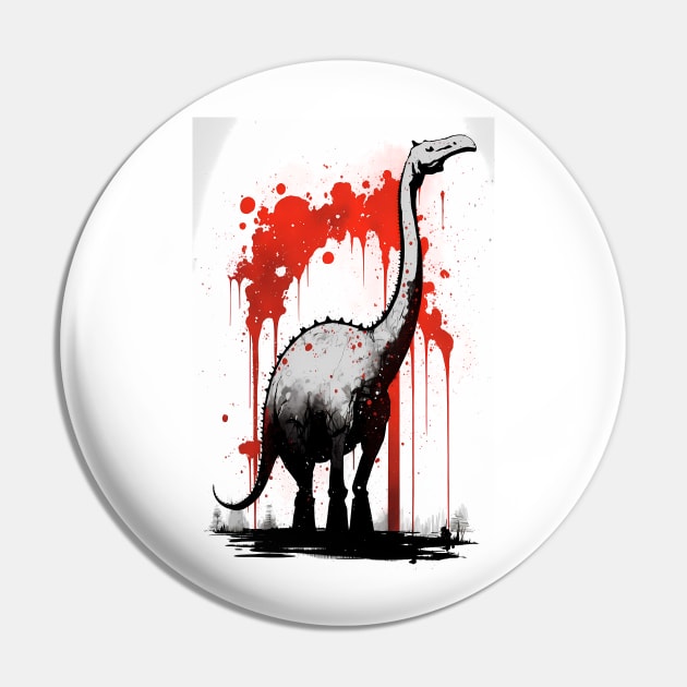 Brontosaurus Ink Painting Black and White and Red Pin by TortillaChief