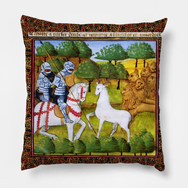 Lancelot and Mordred Crossing a White Stag Escorted by Lions,Arthurian Legends Medieval Miniature Pillow by BulganLumini