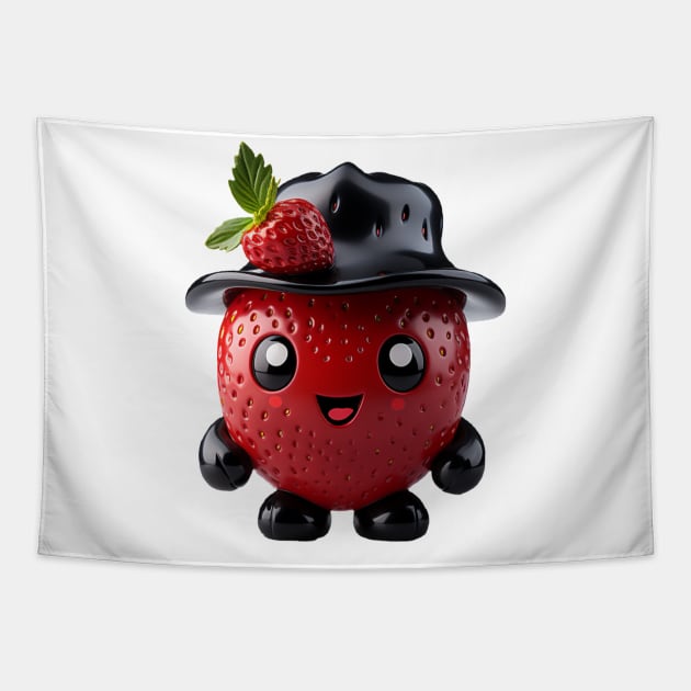 Cute Kawaii Strawberry with Black Hat Tapestry by Cuteopia Gallery