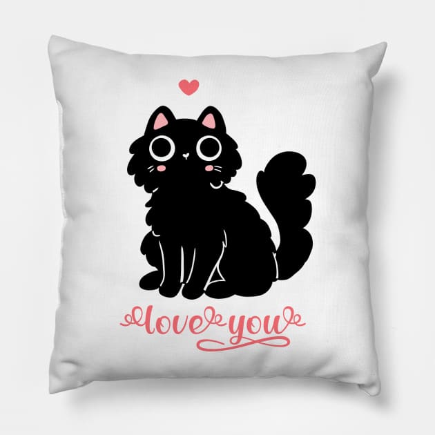 Cute black cat Valentine day love you Pillow by Yarafantasyart