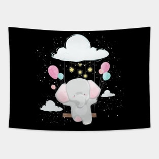 Cute Baby Elephant Flying in Balloon Tapestry