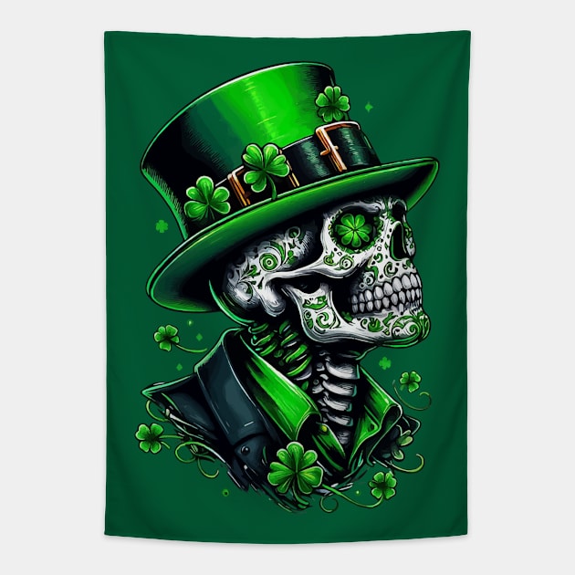 Sugar Skull St Patrick Day of the Dead Lucky Shamrock Tapestry by TomFrontierArt