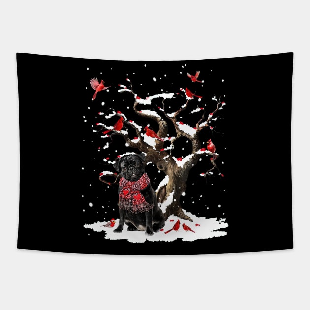 Black Pug Scarf Cardinal Snow Christmas Tapestry by cogemma.art