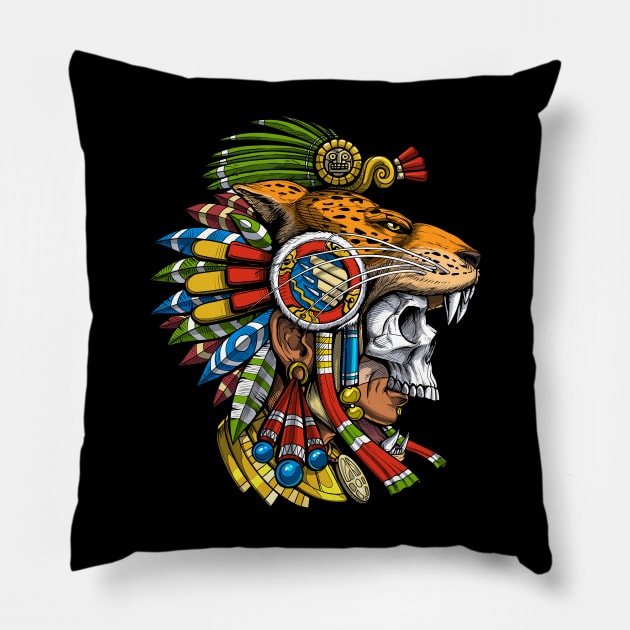 Aztec Jaguar Skull Warrior Pillow by underheaven