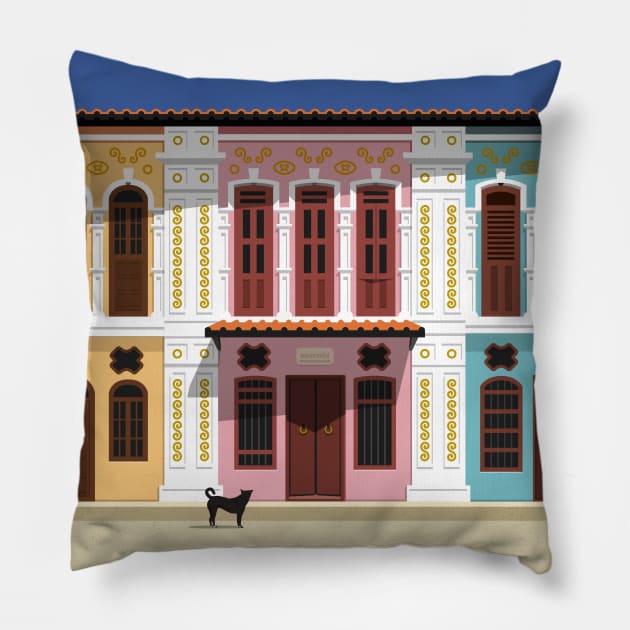 Hungry visitor - Phuket Town street scene. Pillow by propellerhead