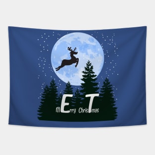 Classic sci-fi movie christmas style design, Reindeer flies above the woods Tapestry