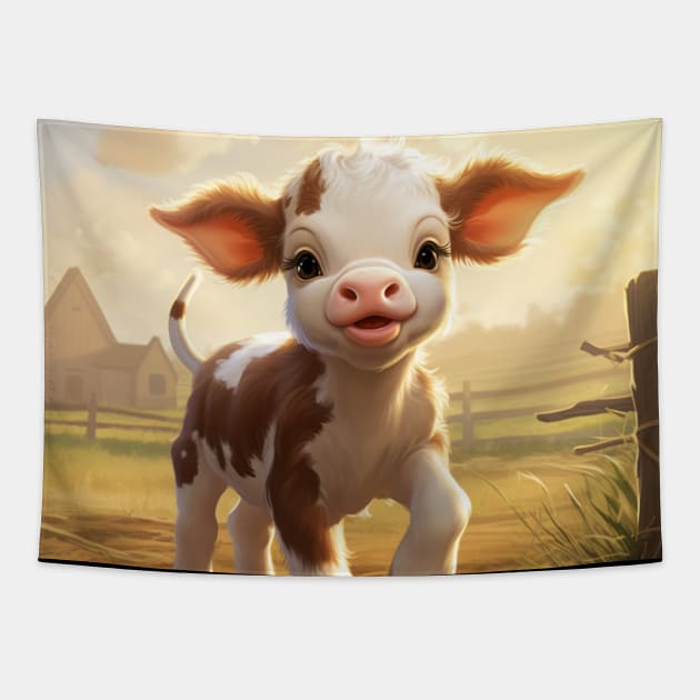 Sunrise Frolic: Cheerful Farm Calf Tapestry by vk09design