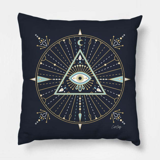 Blue & Gold Evil Eye Mandala Pillow by CatCoq