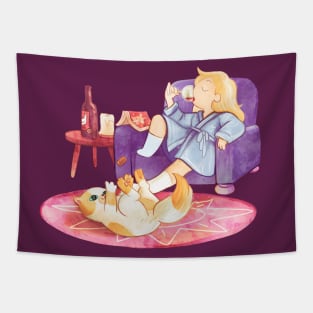 Chilling with Cake and wine, Adventure Time fan art Tapestry