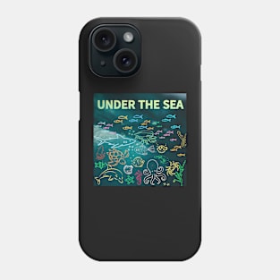 under the sea,blue sea,sea creatures,Turtle, puffer fish, starfish, shrimp, shark, tropical fish, sea horse, seaweed, sardines, squid, crabs, clams Phone Case