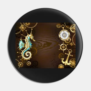 Wooden Background with Mechanical Seahorse ( Steampunk ) Pin