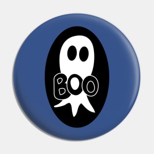 Cute Halloween ghost cartoon with BOO text Pin