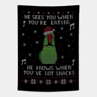 he sees you when you're eating, he knows when you've got snacks - green ringneck Tapestry