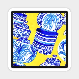 Blue and white chinoiserie jars on yellow background Magnet