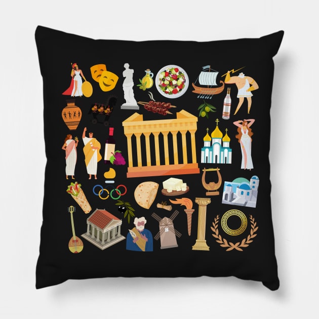 Greece Travel Icons Pillow by FancyPlanet