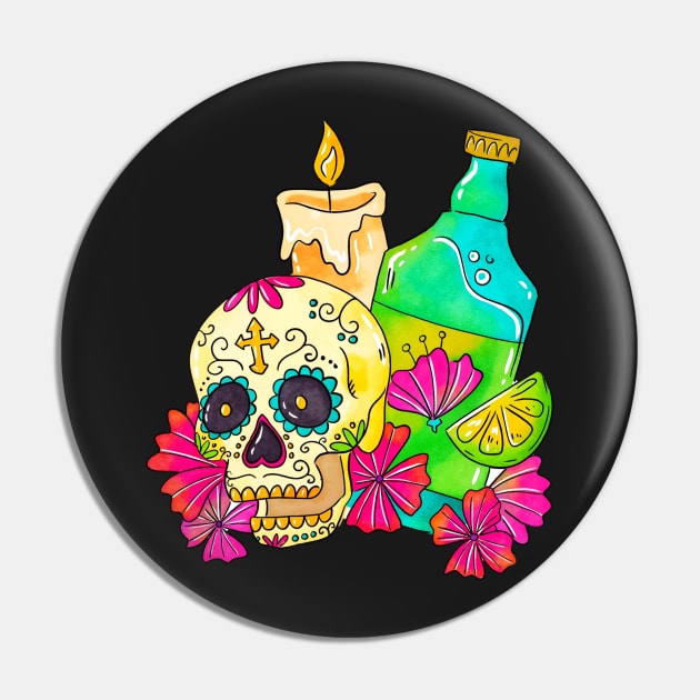 Sugar Skull With Candle And Tequila Pin by TheSkullArmy