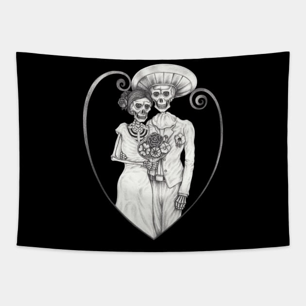 Skeleton lovers couple mexican wedding. Tapestry by Jiewsurreal