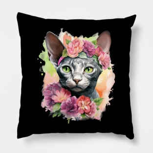 Devon Rex Cat Flowers Water Color Cat Mom Mother's Day Gift Pillow