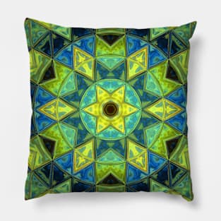 Mosaic Kaleidoscope Flower Blue and Yellow Pillow