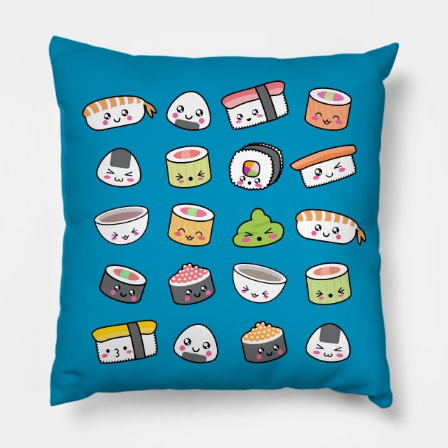 Happy kawaii sushi pattern Pillow by EuGeniaArt