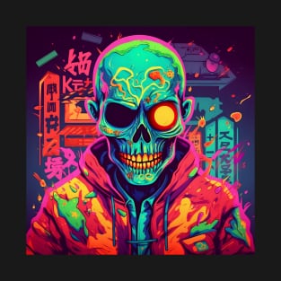 Korean Zombie man with skull in neon lights T-Shirt