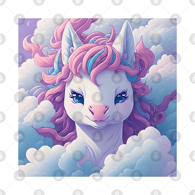 watercolor unicorn surrounded by clouds sticker illustration by FRH Design