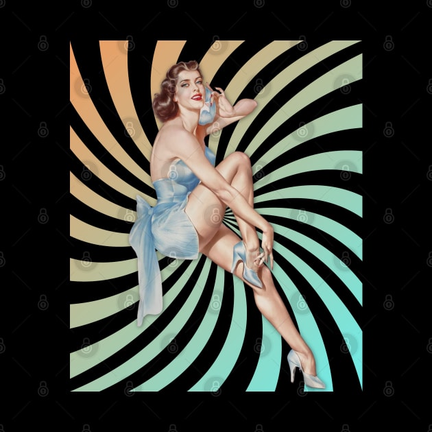 Retro Swirl Background Pin-up Girl with Phone Illustration Art by AdrianaHolmesArt