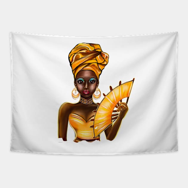 Queen Black is beautiful black girl with Gold headscarf, necklace, earrings, gold dress and head wrap, brown eyes and dark brown skin ! Tapestry by Artonmytee