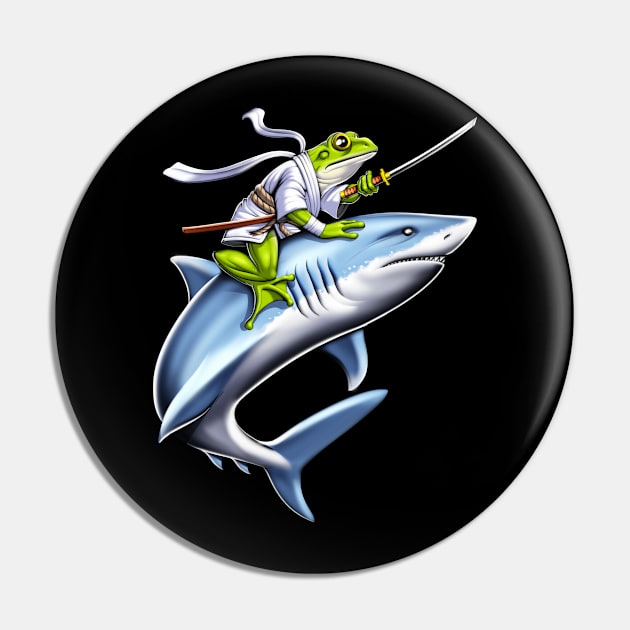 Frog Samurai Ninja Riding Shark Pin by underheaven