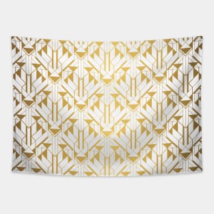 White and Gold Faux Foil Vintage Art Deco Geometric Triangle Pattern Tapestry