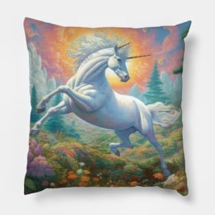 Majestic Unicorn Amidst Flowers Pillow