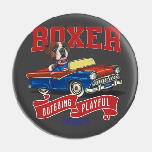Funny boxer in a cute dog in classic vintage retro auto with red white and blue flags Pin