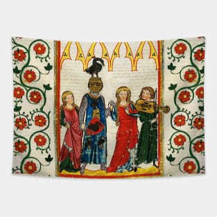 KNIGHT OF SWAN DANCING WITH BEAUTIFUL LADIES ,FIDDLE MUSIC ,MEDIEVAL MINIATURE WITH WILD ROSES Tapestry