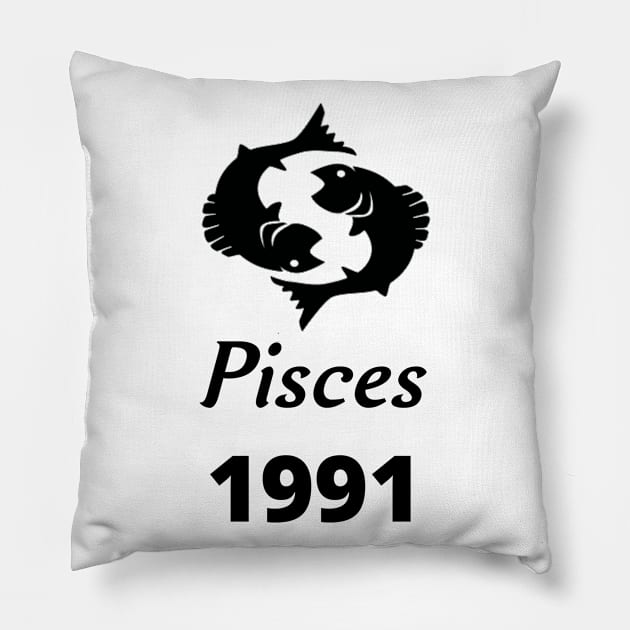 Black Zodiac Birthday Pisces 1991 Pillow by Down Home Tees