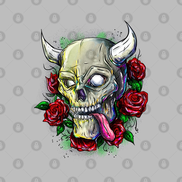 Skull with red roses by FerMinem