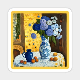 Cute Abstract Blue and White Flowers Matching Vase Table Cloth Still Life Painting Magnet