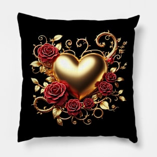 Valentines Day Gold Heart and Red Roses Pillow