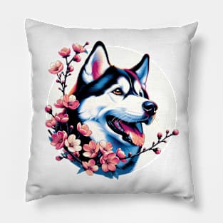 Siberian Husky's Springtime Cherry Blossoms Delight Pillow